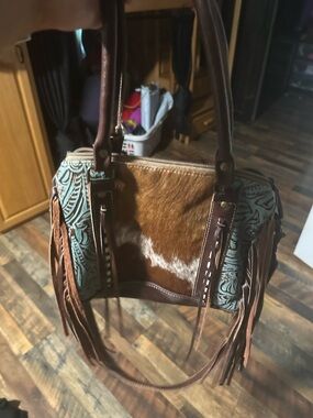 Myra Bag Brown & Turquoise Cowhide Fringe Shoulder Bag